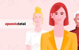 Ilustración de dos mujeres y un hombre con el logo de Apuesta Total