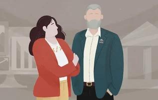 Ilustración de una mujer y un hombre con un banco de fondo