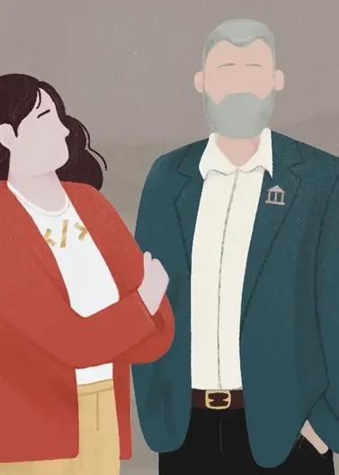 Ilustración de una mujer y un hombre con un banco de fondo